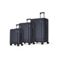 Set of three navy Bugatti Travel Oslo luggage pieces with hard shells and extendable handles, displayed together.