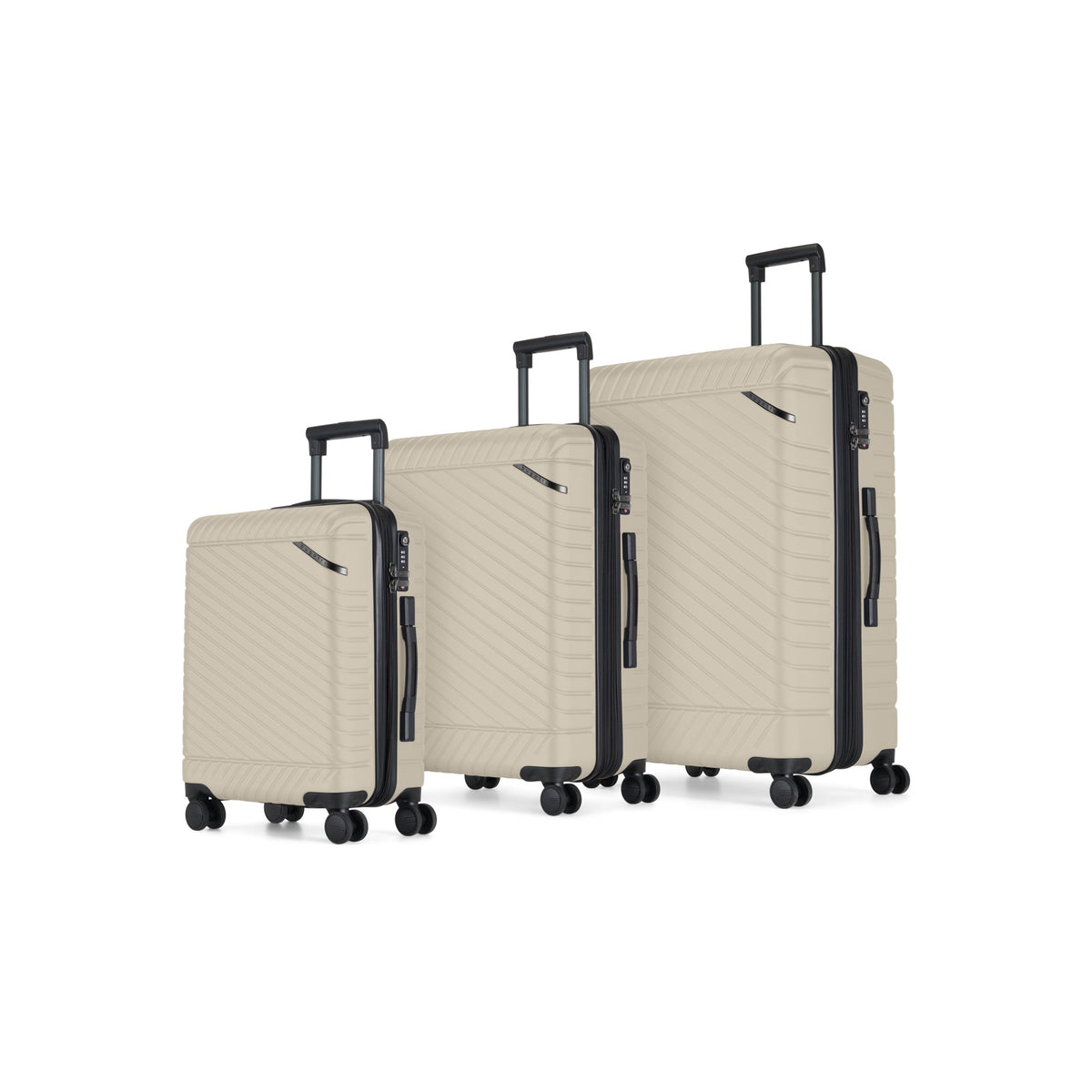 Oslo 3-piece luggage set by Bugatti Travel in oatmeal color, includes different sized suitcases with wheels and telescopic handles.