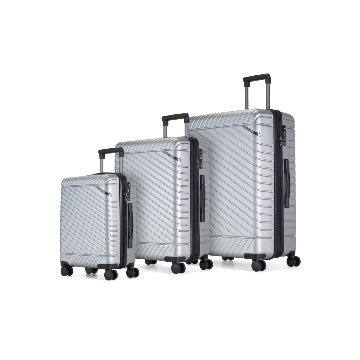 Bugatti Travel Oslo 3-piece silver luggage set with hard-shell suitcases and extendable handles, suitable for travel.