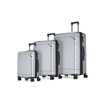 Bugatti Travel Oslo 3-piece silver luggage set with hard-shell suitcases and extendable handles, suitable for travel.
