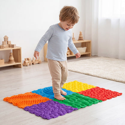 Six interlocking sensory baby playmats with textured surfaces from GBruno Store, designed for safe and engaging tummy time.