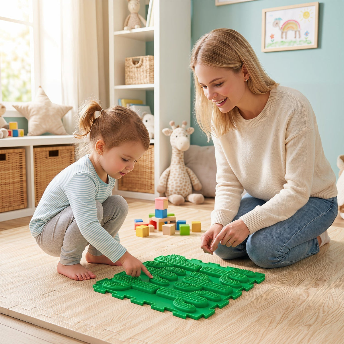 Six interlocking sensory mats with textured surfaces for baby gyms and play areas, designed by GBruno Store.