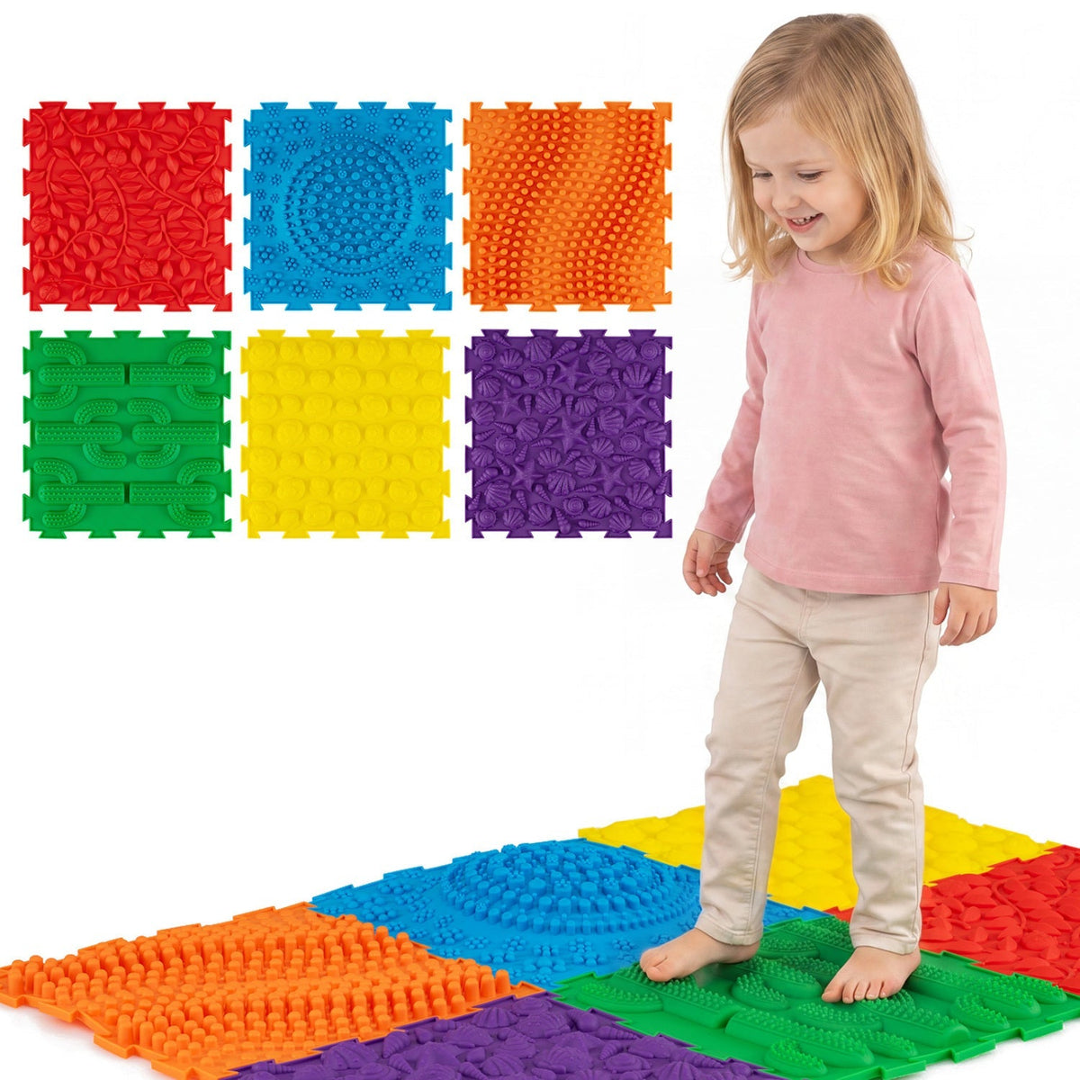 Six interlocking sensory baby mats with textured surfaces, part of GBruno Store's baby gyms and playmats set.