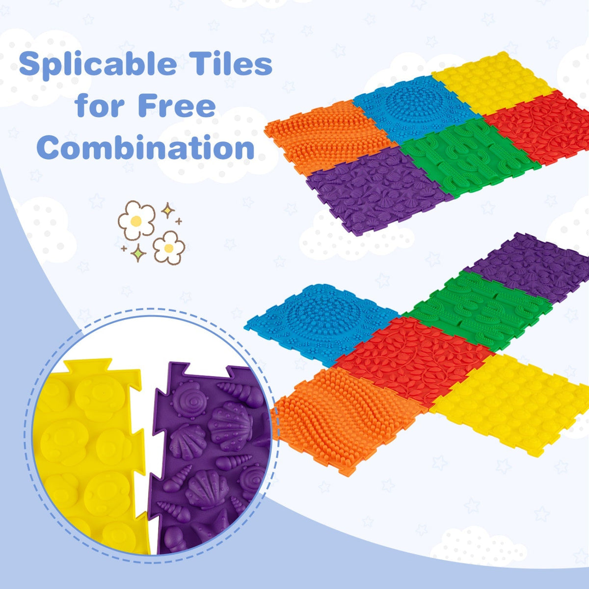 Six interlocking sensory mats with textured surfaces for baby gyms and play areas, arranged in a colorful 6-piece set.