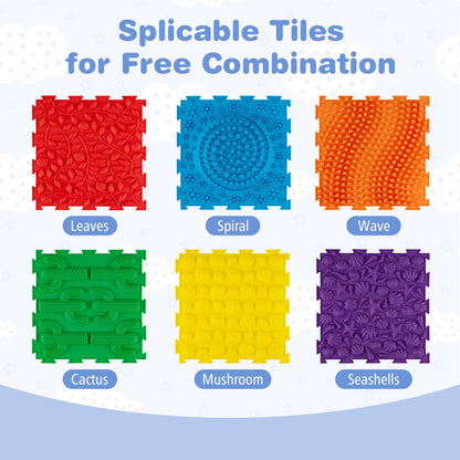 Six interlocking sensory mats with textured surfaces for baby gyms and play areas, featuring colorful, soft, and safe play surfaces.