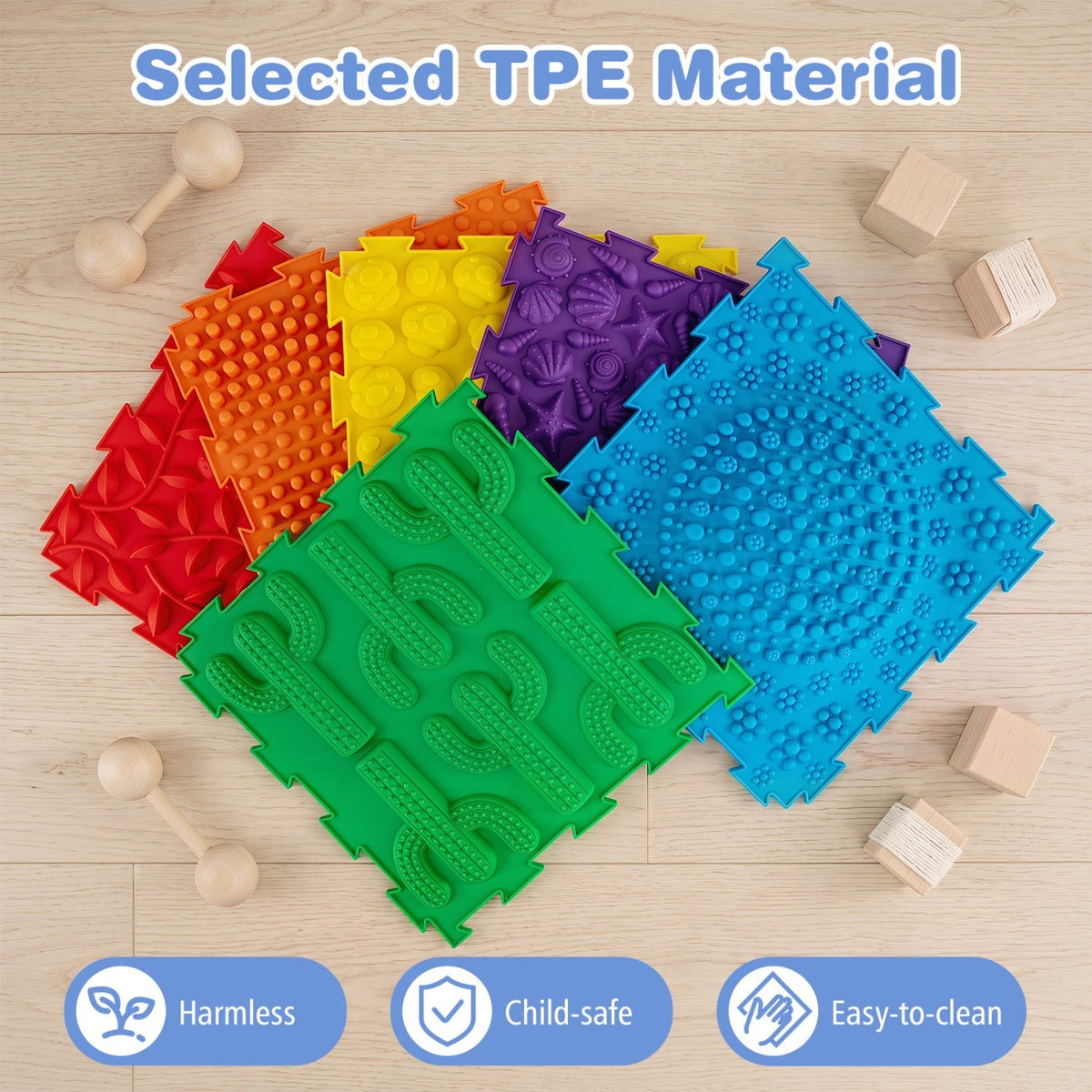 Six interlocking sensory baby mats with textured surfaces, ideal for baby gyms and play areas, from GBruno Store.
