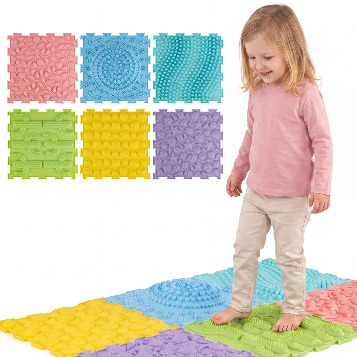 Six interlocking sensory baby mats with textured surfaces, ideal for play and tummy time, from GBruno Store.