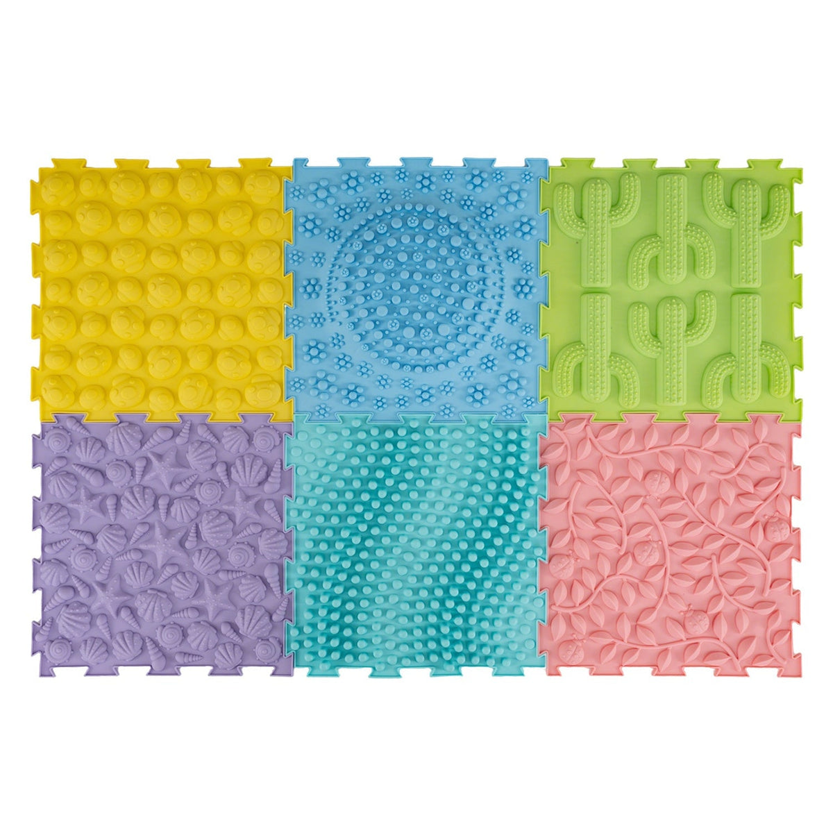 Six interlocking sensory baby gym mats with textured surfaces, colorful and soft for tummy time and play.