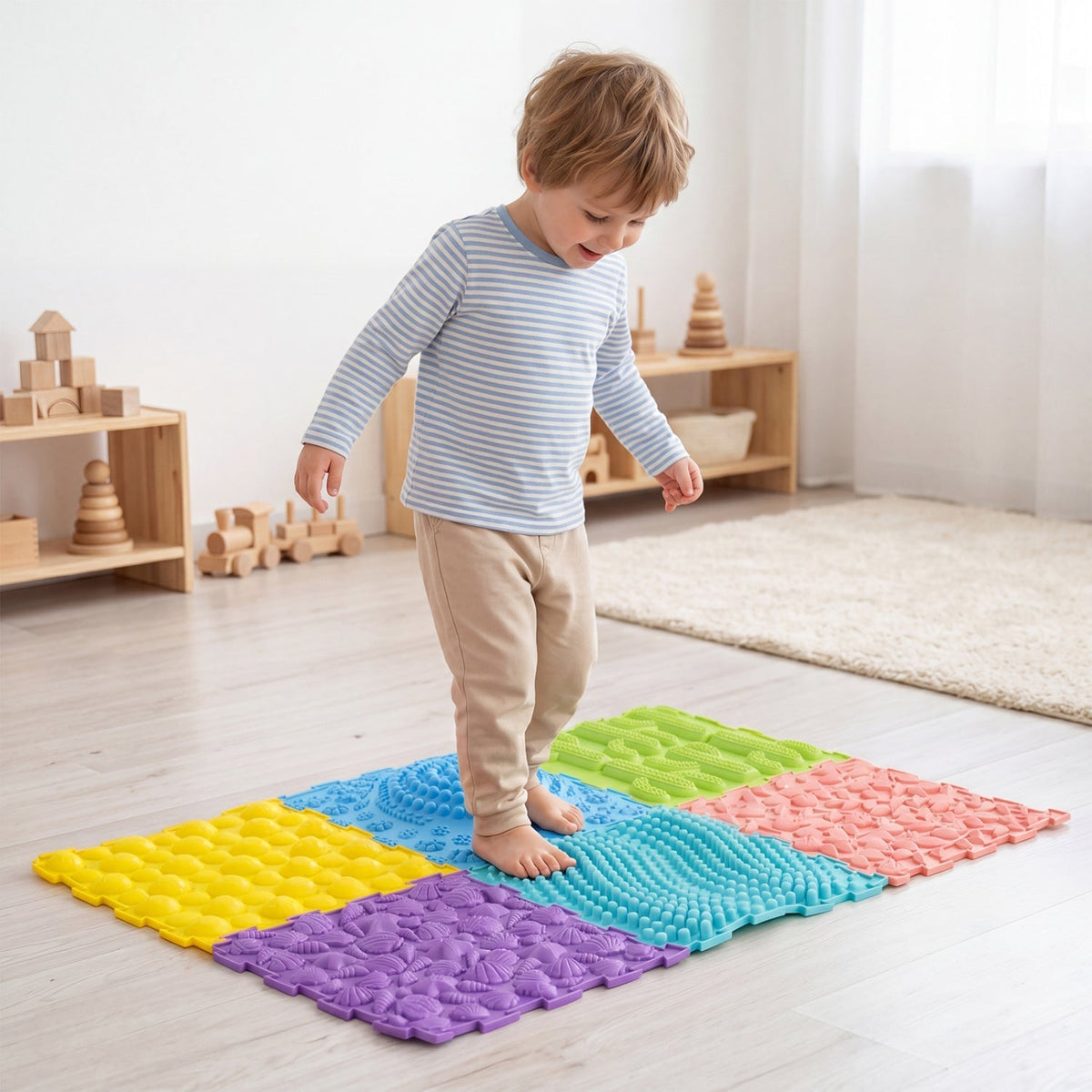 Six interlocking sensory mats with textured surfaces, ideal for baby gyms and play areas, from GBruno Store.