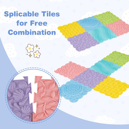 Six interlocking sensory baby gym mats with textured surfaces, colorful and soft, designed for tummy time and play.