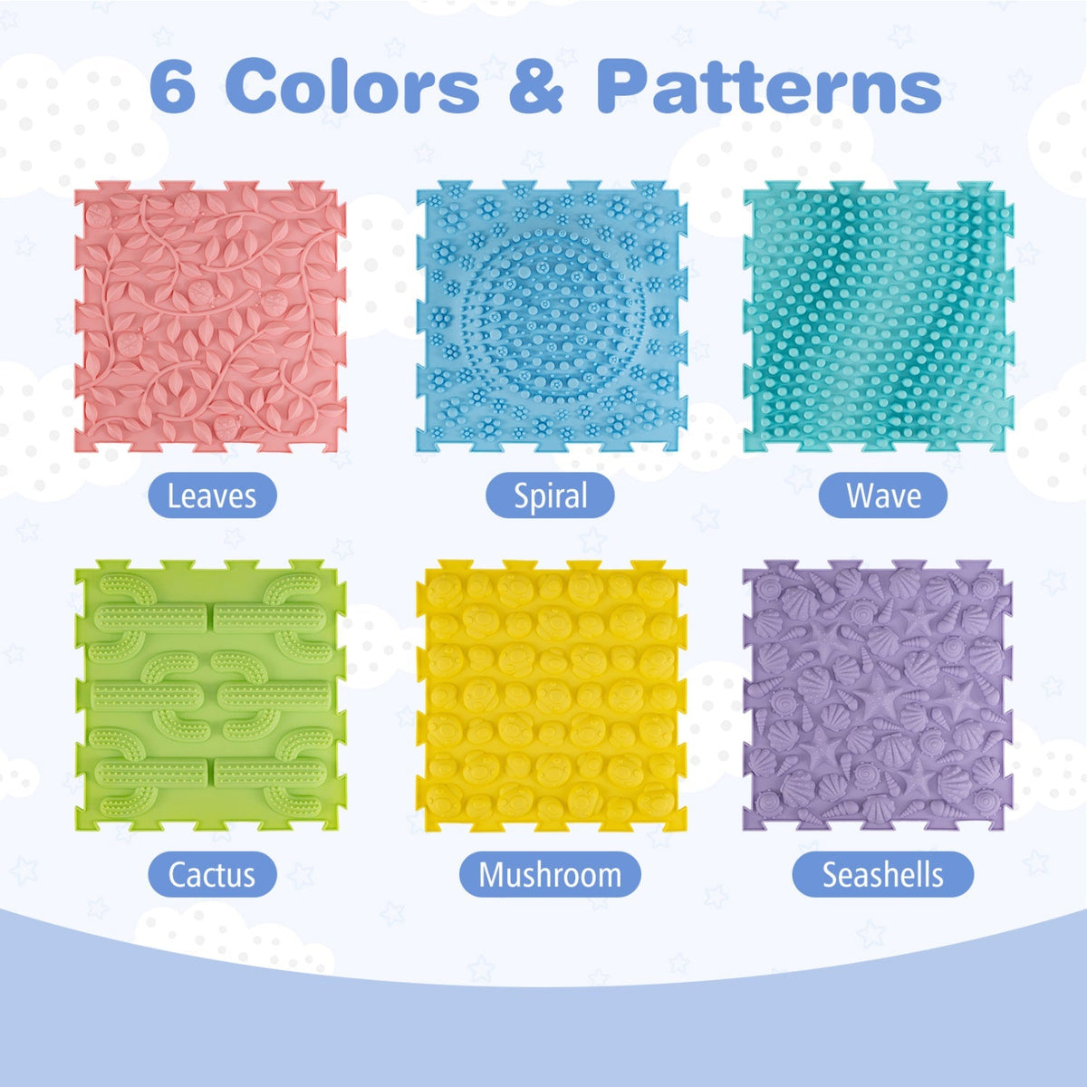 Six interlocking sensory baby gym mats with textured surfaces, colorful and soft, designed for early play and sensory development.