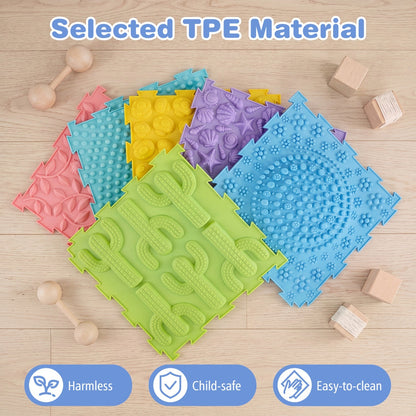 Six colorful interlocking sensory mats with textured surfaces for baby gyms and play areas, designed by GBruno Store.