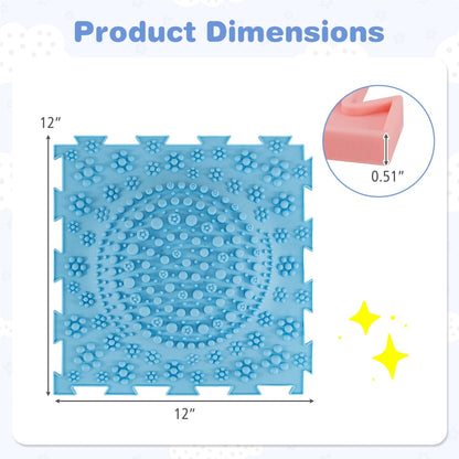 Six interlocking sensory baby gym mats with textured surfaces in a colorful set for tummy time and play.