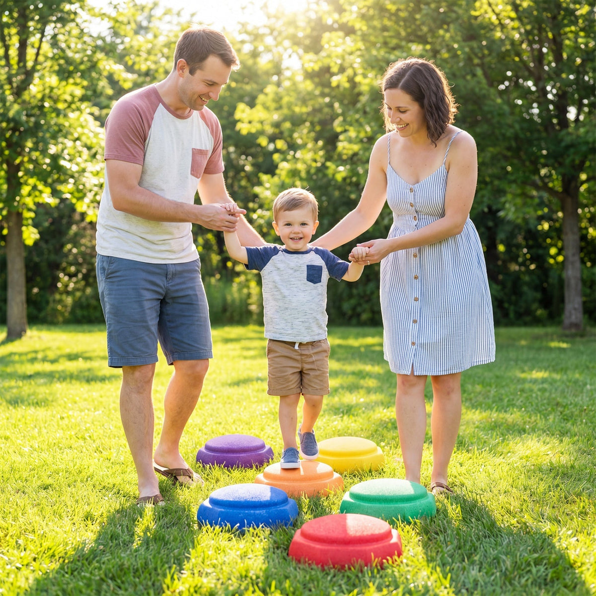 Six colorful GBruno Store stepping stones for kids balance training set, arranged for safe indoor or outdoor play.