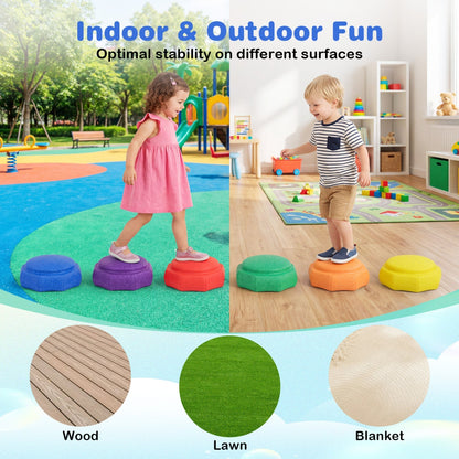 Six colorful plastic stepping stones for kids balance training toy, designed for safe indoor and outdoor play.