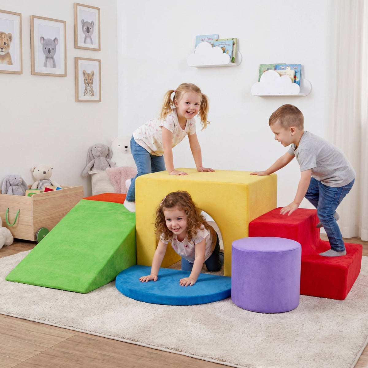 Six-piece foam climbing toy set with slide and tunnel for kids, featuring colorful cushioned climbing blocks from GBruno Store.