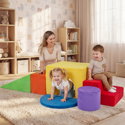 Colorful foam climbing blocks set with slide and tunnel, 6-piece climbing toy for kids by GBruno Store.