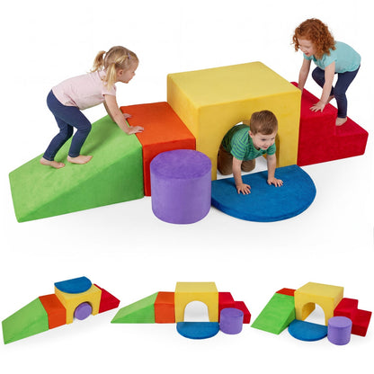 Six-piece foam climbing toy set with slide and tunnel, including colorful soft blocks for kids' active play and crawling fun.