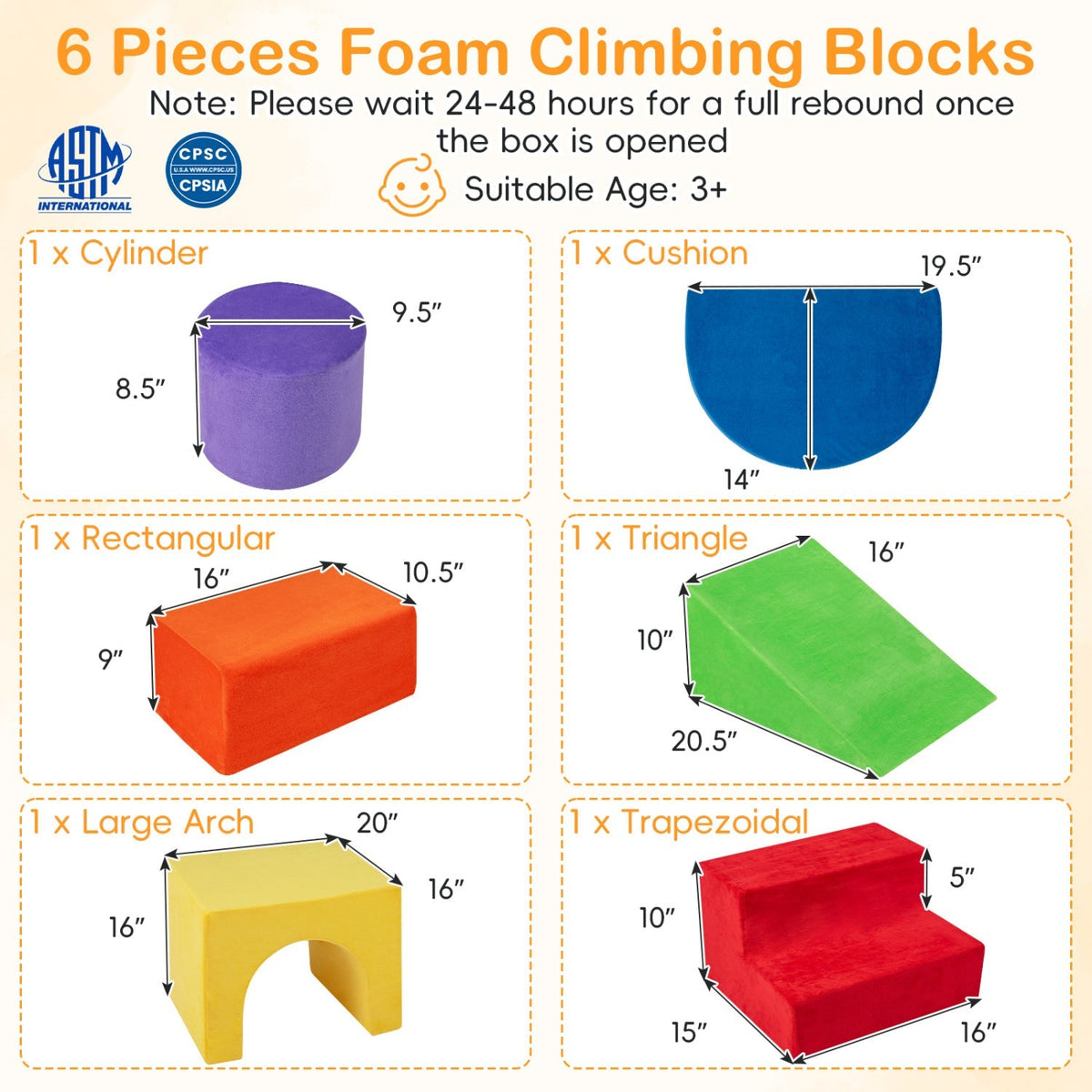 Six foam climbing blocks set with a slide and tunnel, colorful climbing toy for kids by GBruno Store.