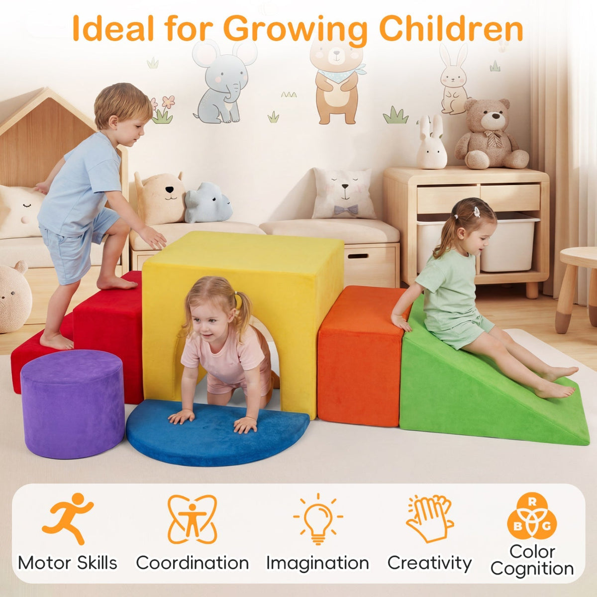 Six-piece foam climbing toy set with slide and tunnel for kids, includes colorful climbing blocks, tunnel, and slide for active play.