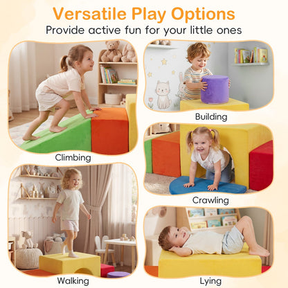 Six-piece foam climbing toy set with slide and tunnel, colorful soft climbing blocks for kids' play and activity.