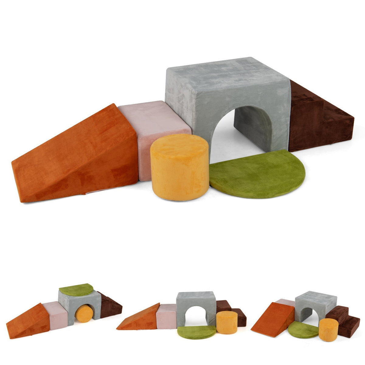 Six-piece foam climbing toy set with slide and tunnel, includes colorful soft climbing blocks for kids' play and activity.