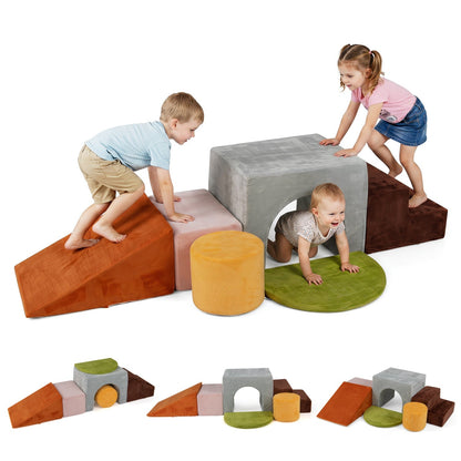 Colorful foam climbing blocks set with slide and tunnel, ideal climbing toy for children, by GBruno Store.