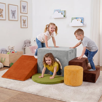 Colorful foam climbing blocks set with slide and tunnel, six-piece climbing toy for kids by GBruno Store