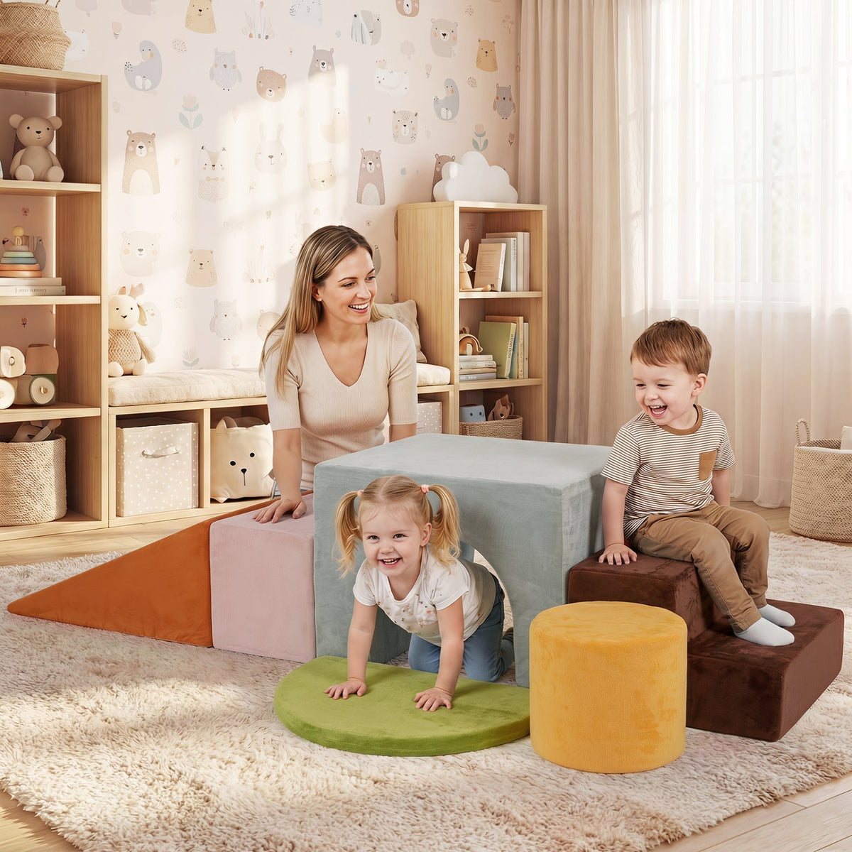 Six-piece foam climbing toy set with slide and tunnel for kids, featuring colorful soft climbing blocks from GBruno Store.