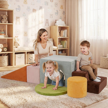 Six-piece foam climbing toy set with slide and tunnel for kids, featuring colorful soft climbing blocks from GBruno Store.