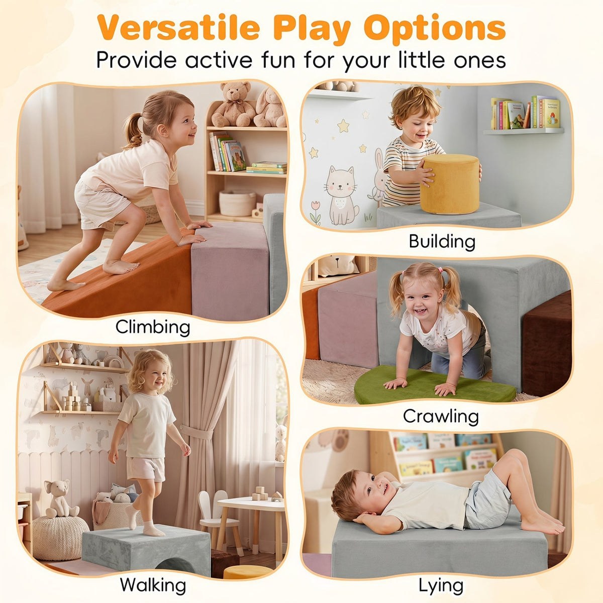 Six-piece foam climbing toy set with slide and tunnel for kids, including colorful climbing blocks for active play.
