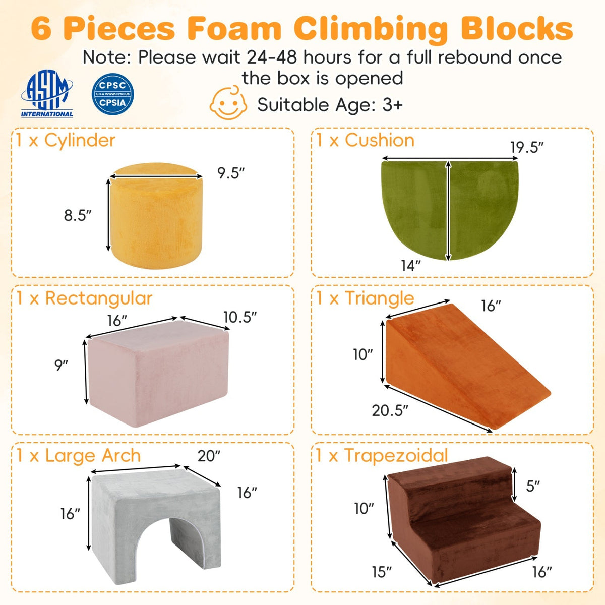 Six-piece foam climbing toy set with a slide and tunnel, ideal for children’s play and active development.