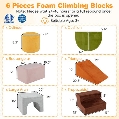 Six-piece foam climbing toy set with a slide and tunnel, ideal for children’s play and active development.