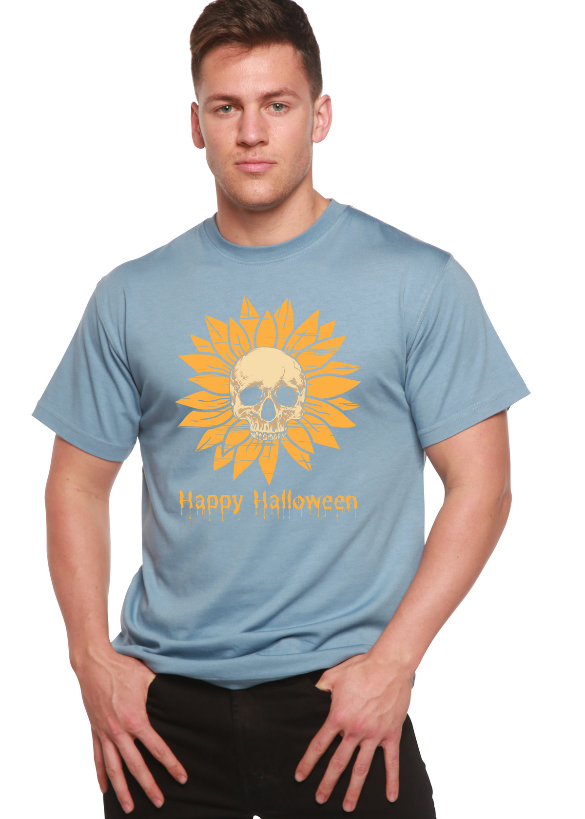 Men's Happy Halloween Day graphic T-shirt by Spun Bamboo, short sleeve, bamboo viscose and organic cotton fabric with Halloween print.