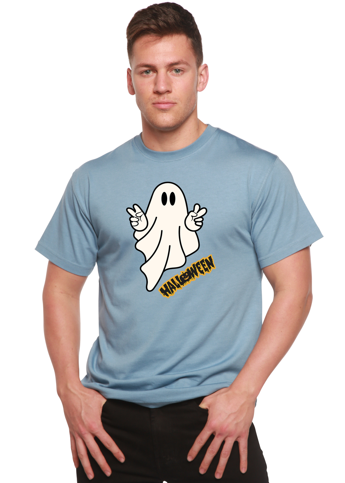 Unisex Halloween Ghost graphic T-shirt by Spun Bamboo, short sleeve, bamboo viscose and organic cotton, featuring a ghost print.