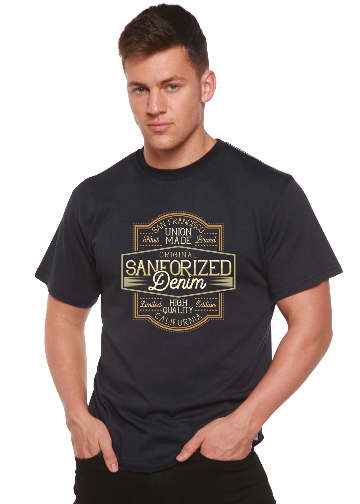 Spun Bamboo men's graphic T-shirt made from organic cotton and bamboo viscose, featuring a printed design on short sleeves.