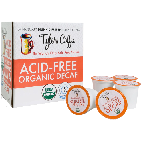 Six decaf Tylers Coffees single serve coffee cups in a box, designed for convenient single cup brewing.