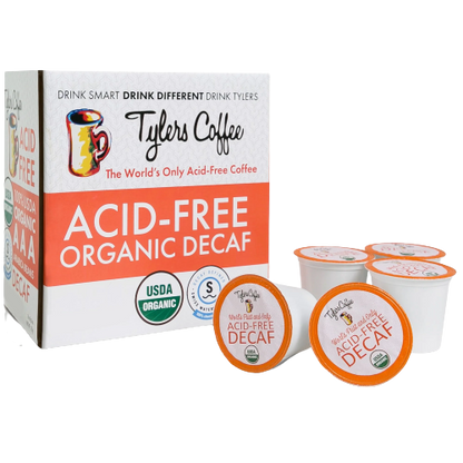 Six decaf Tylers Coffees single serve coffee cups in a box, designed for convenient single cup brewing.