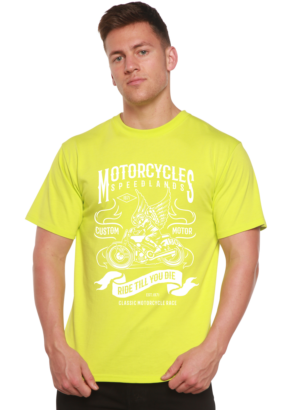 Men's Spun Bamboo motorcycle graphic T-shirt made from bamboo viscose and organic cotton, featuring a bold printed motorcycle design.