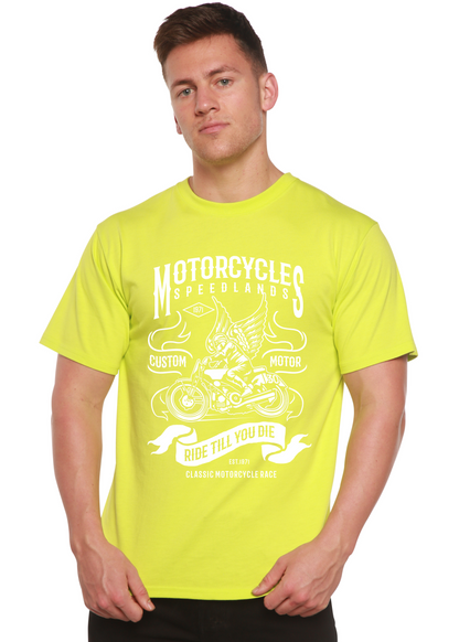 Men's Spun Bamboo motorcycle graphic T-shirt made from bamboo viscose and organic cotton, featuring a bold printed motorcycle design.