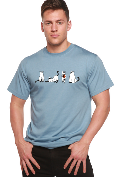 Men's Halloween Cats graphic T-shirt by Spun Bamboo, short sleeve with black cat print on organic bamboo-viscose fabric.