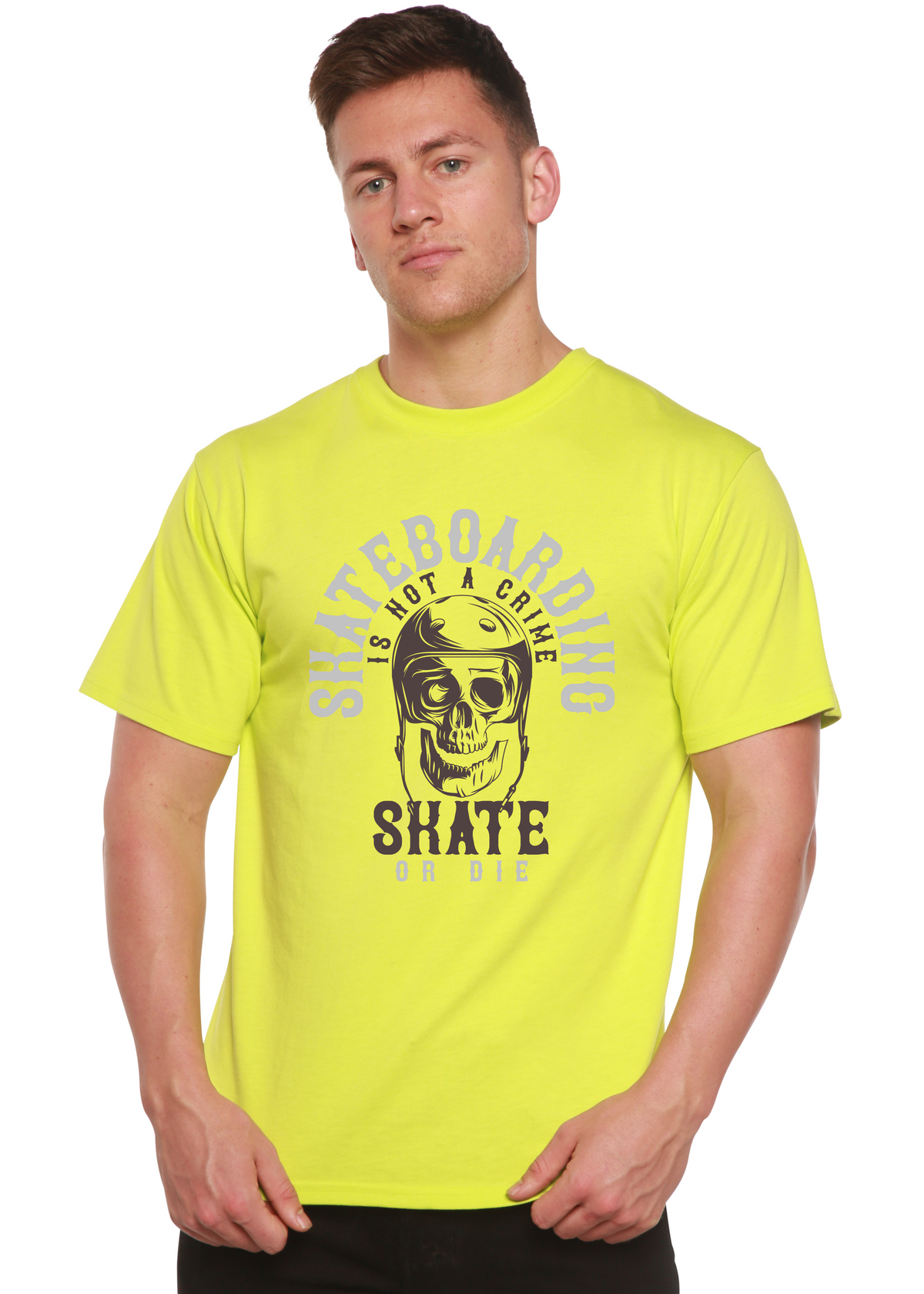 Men's skateboarding graphic T-shirt by Spun Bamboo in bamboo viscose and organic cotton, with a colorful printed design.