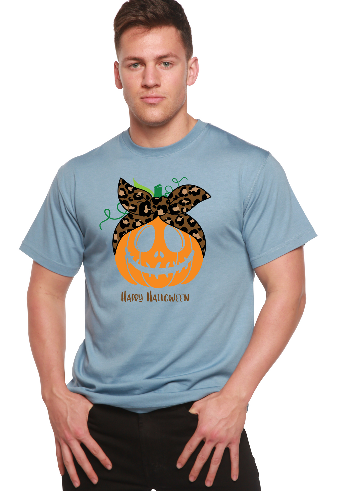 Happy Halloween men's bamboo Viscose organic cotton graphic T-shirt with Halloween-themed print and short sleeves by Spun Bamboo.