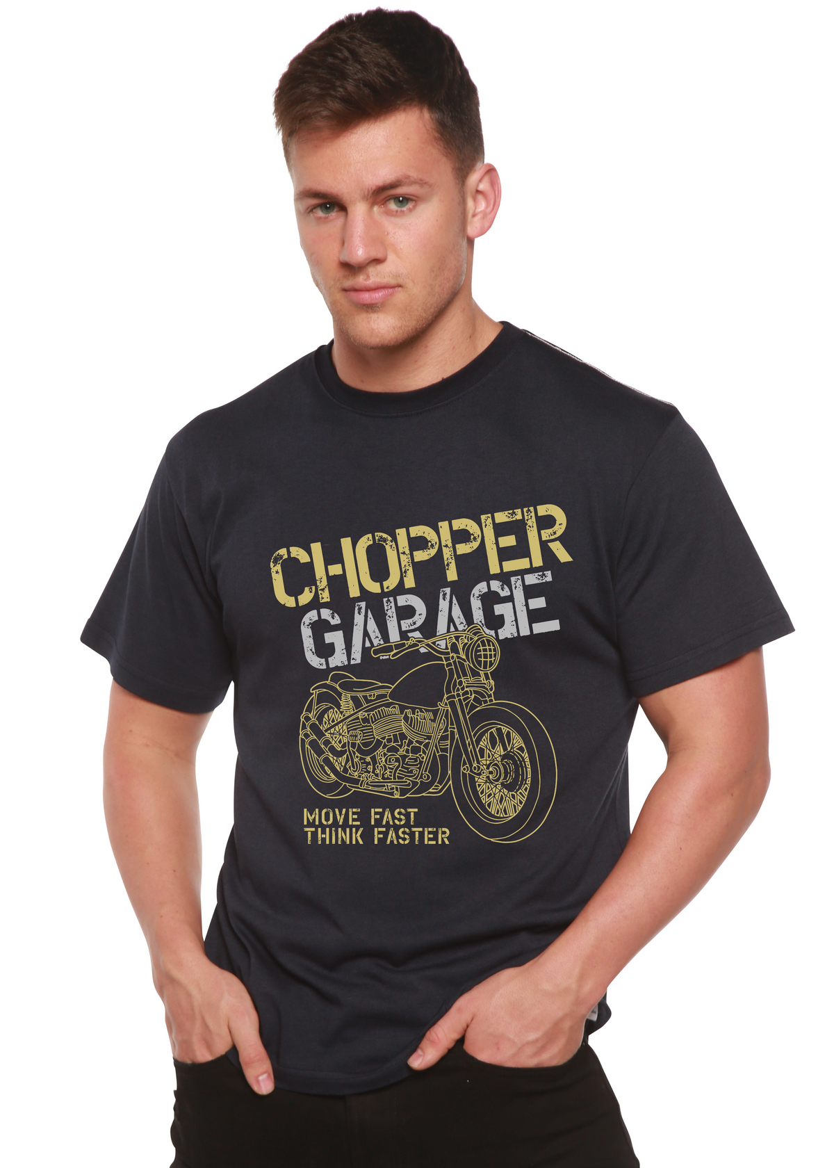 Men's printed graphic T-shirt by Spun Bamboo featuring bamboo viscose and organic cotton, short sleeves, with a bold design.