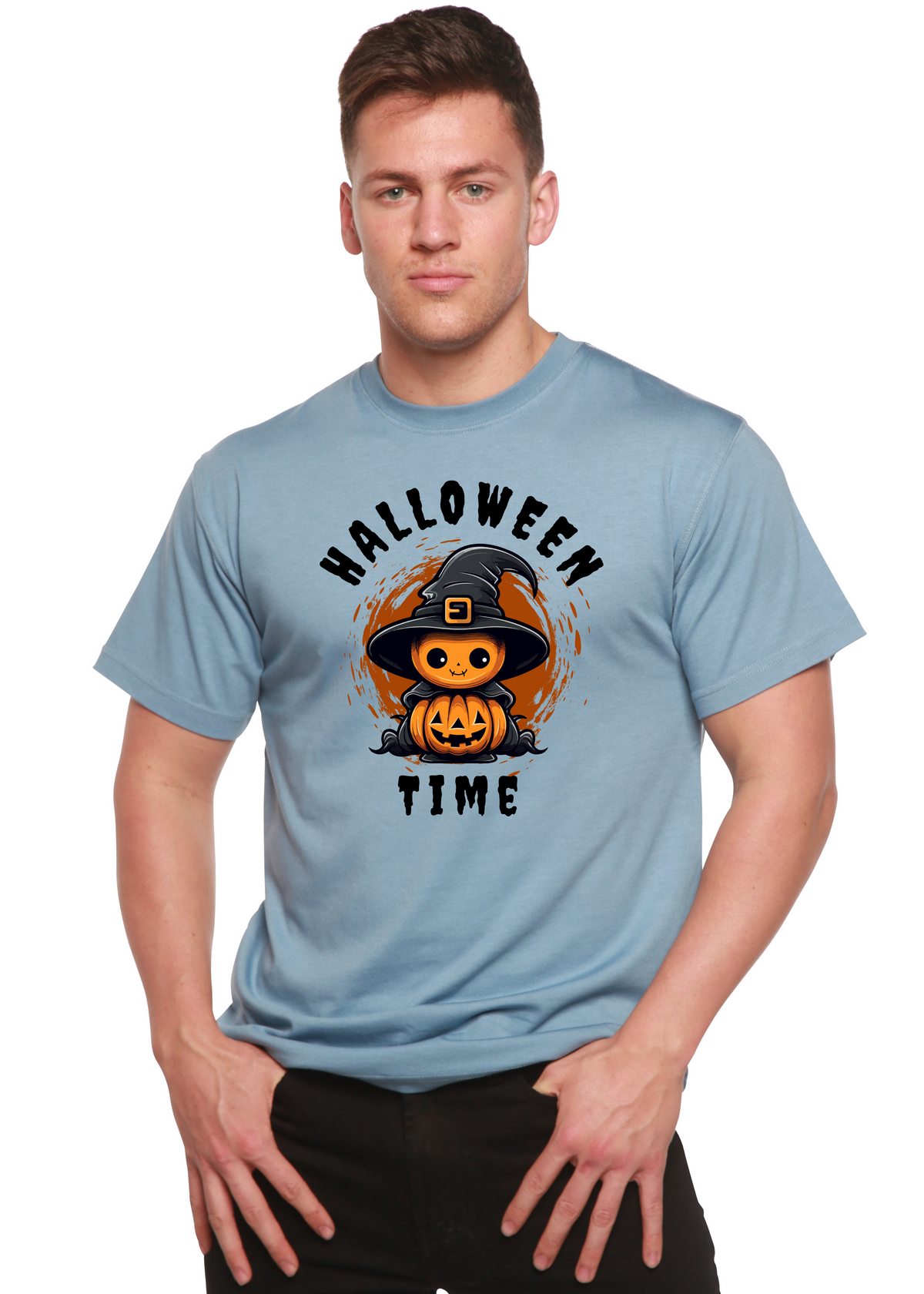 Men's Halloween Time unisex bamboo viscose organic cotton short sleeve graphic T-shirt by Spun Bamboo with Halloween-themed print.