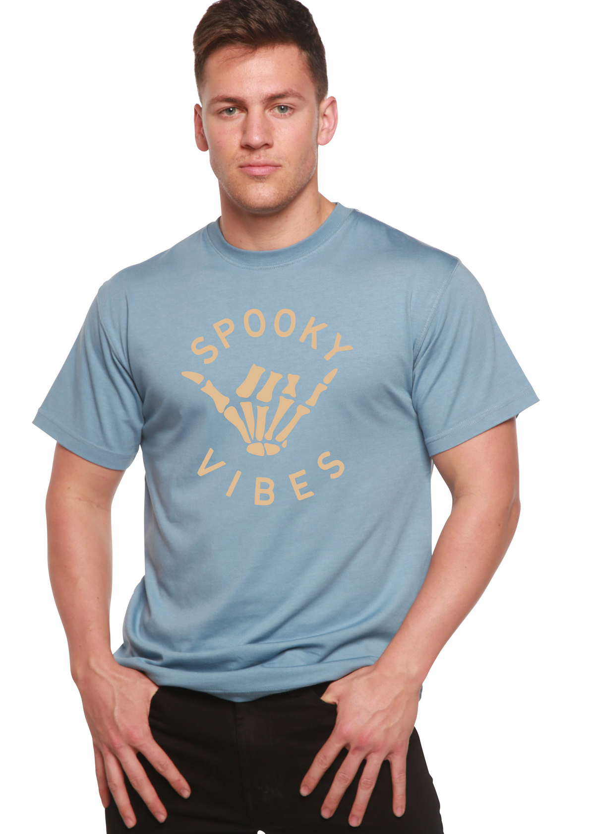 Spooky Vibes men's graphic T-shirt by Spun Bamboo with spooky design, short sleeves, made from bamboo viscose and organic cotton.