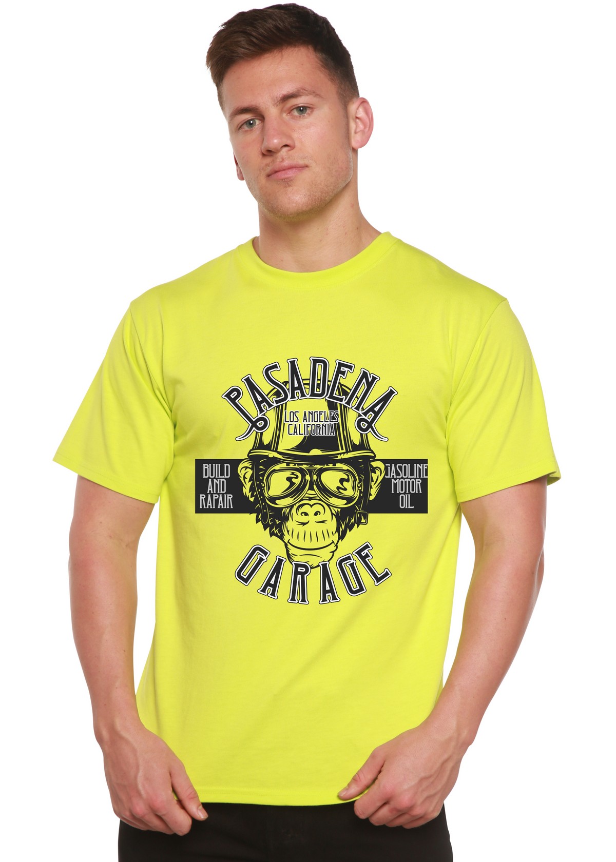 Men's Spun Bamboo Pasadena Garage graphic T-shirt with short sleeves, bamboo viscose organic cotton blend, and printed design.