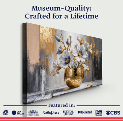 Gold abstract canvas wall art featuring a magnolia bloom design by Tailored Canvases.