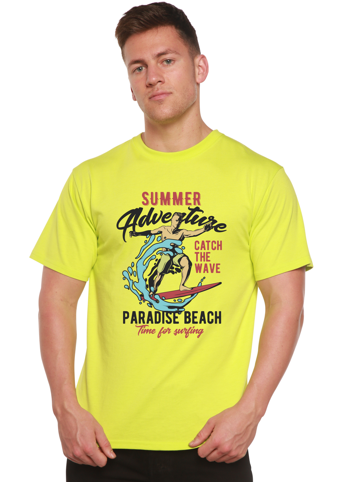 Men's graphic T-shirt by Spun Bamboo featuring a wave design, made from bamboo viscose and organic cotton for a comfortable fit.