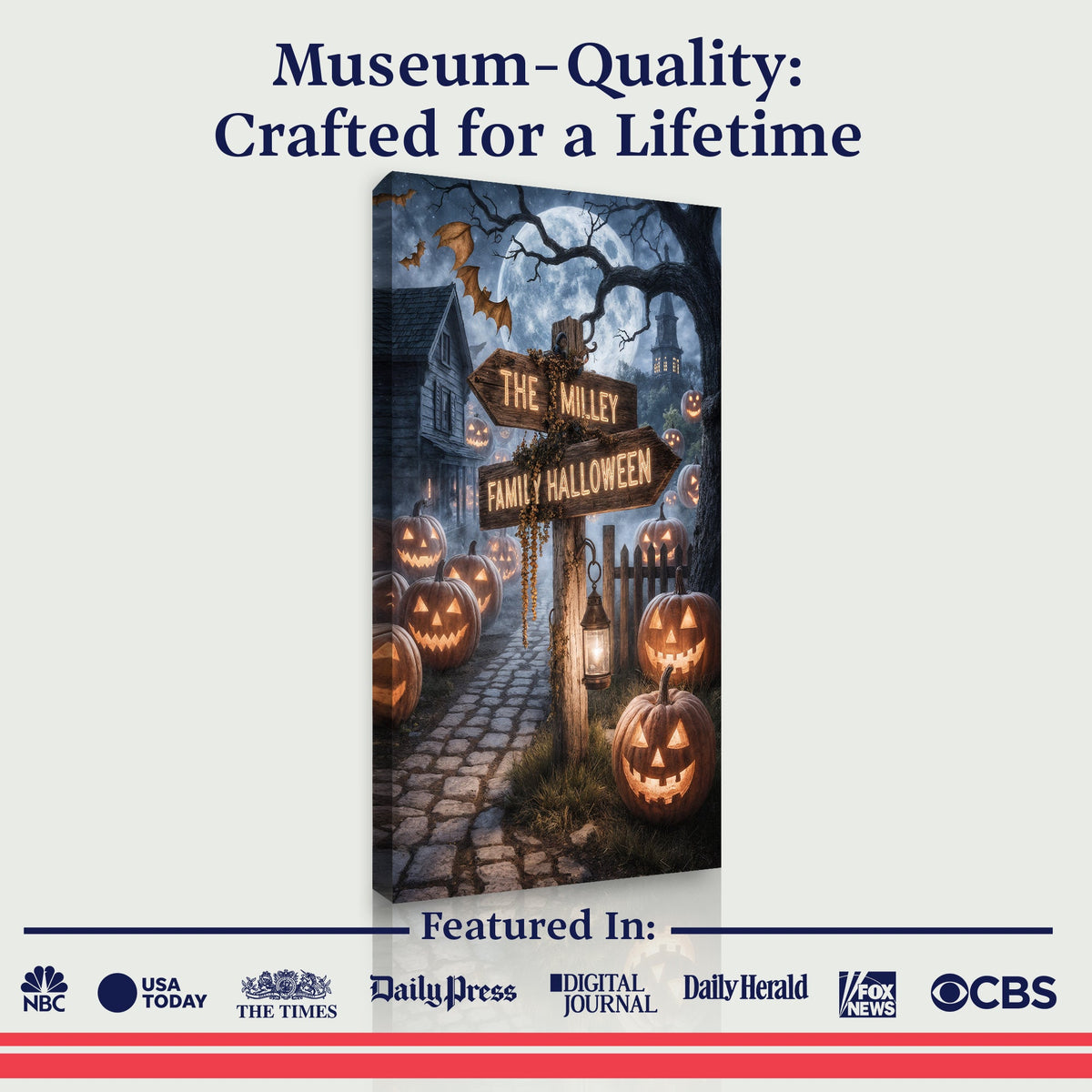 Personalized family name street sign Halloween wall art on canvas, featuring spooky design and custom text, from Tailored Canvases.